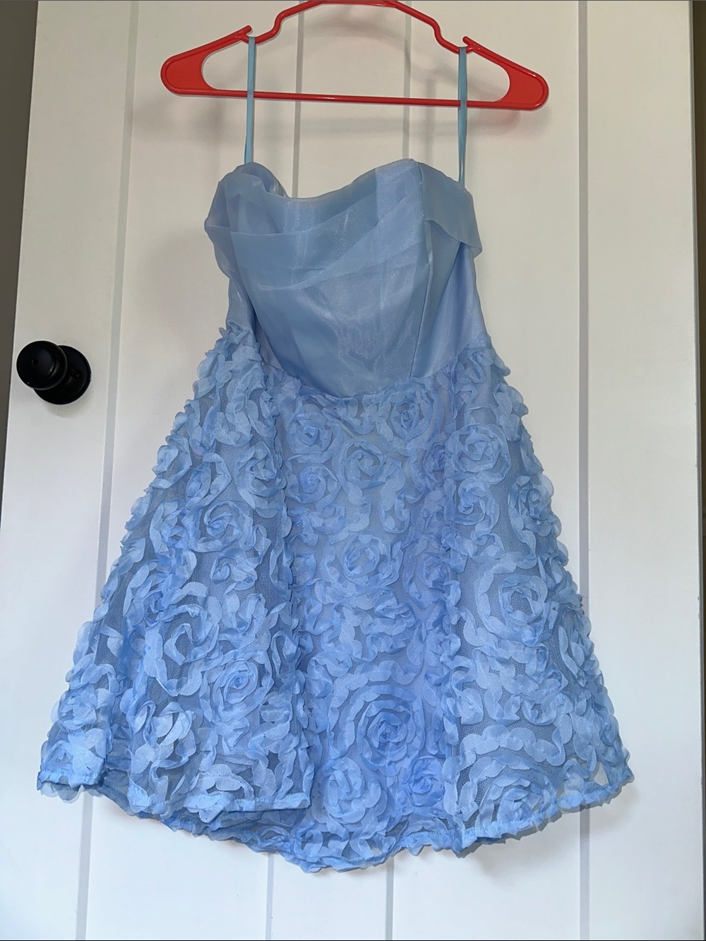 Selfie Leslie light blue strapless mini dress with corset back